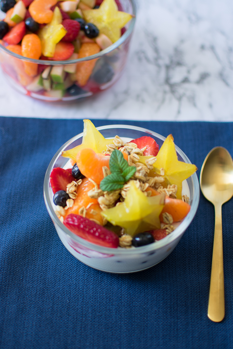 Meal Prep Fruit Salad in a bowl with yogurt and granola