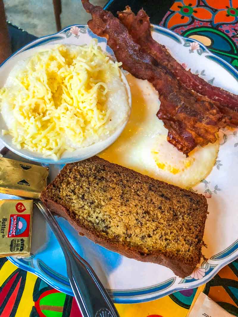 Eggs, bacon, cheesy grits and banana bread at Blue Heaven