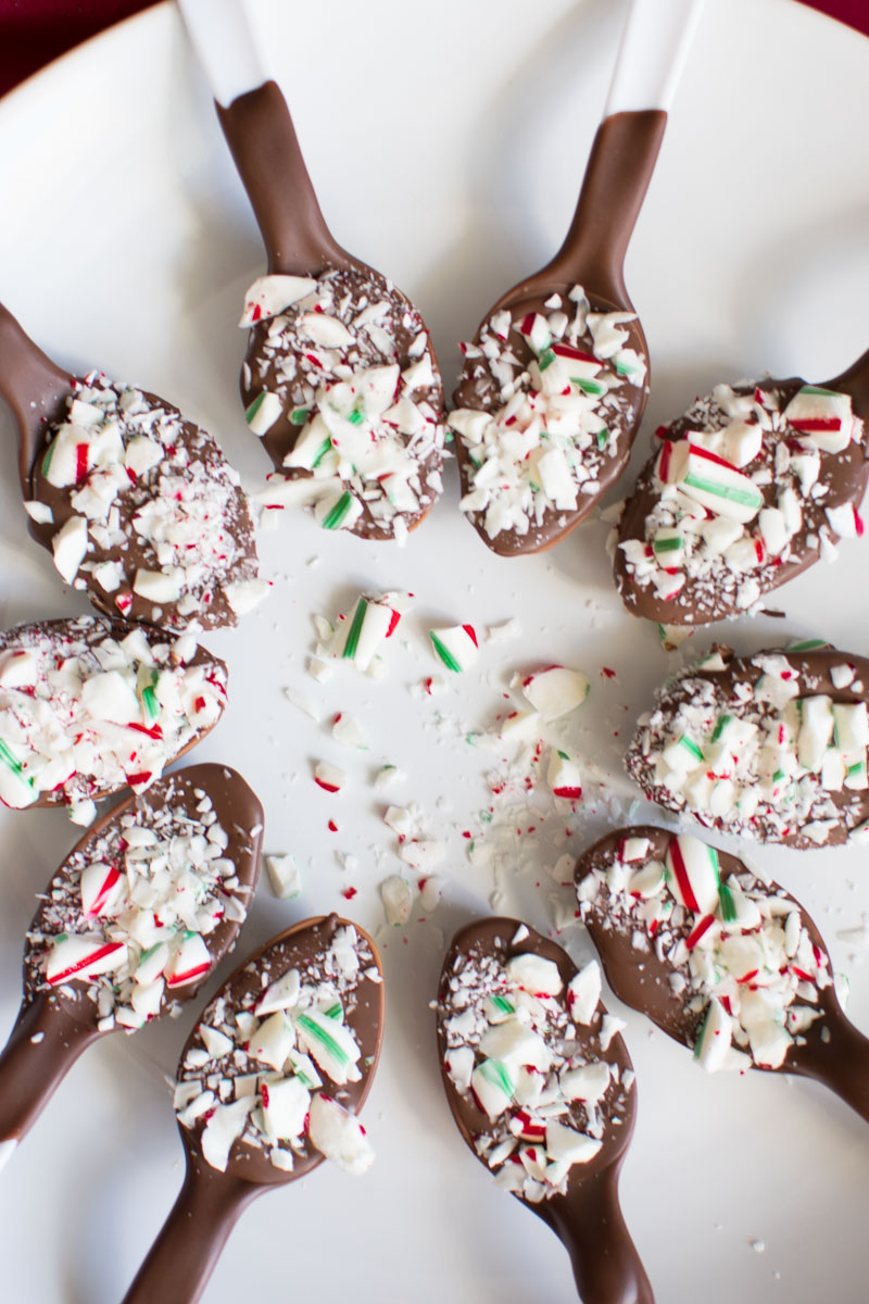 Chocolate Candy Cane Coffee Spoons on white plate