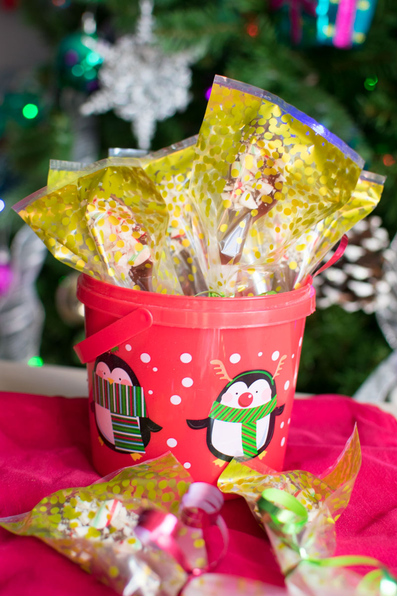 Wrapped Chocolate Candy Cane Coffee Spoons in a container