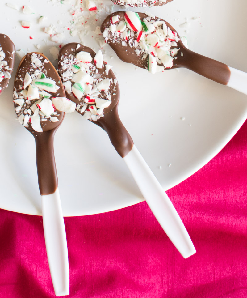 Closeup of Chocolate Candy Cane Coffee Spoons on plate