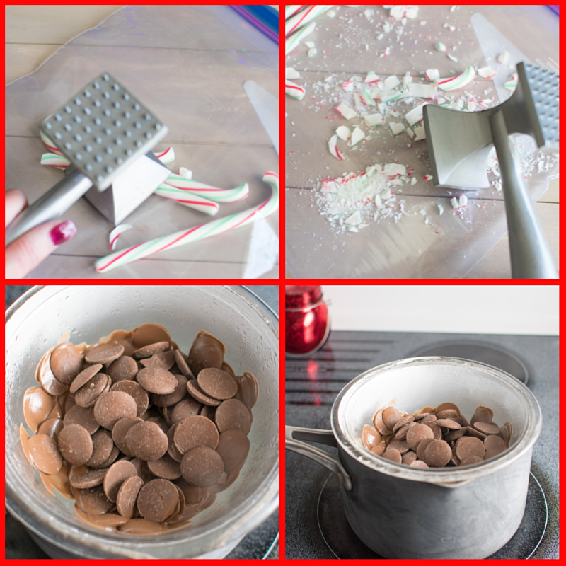 4 pictures of steps to make Chocolate Candy Cane Coffee Spoons