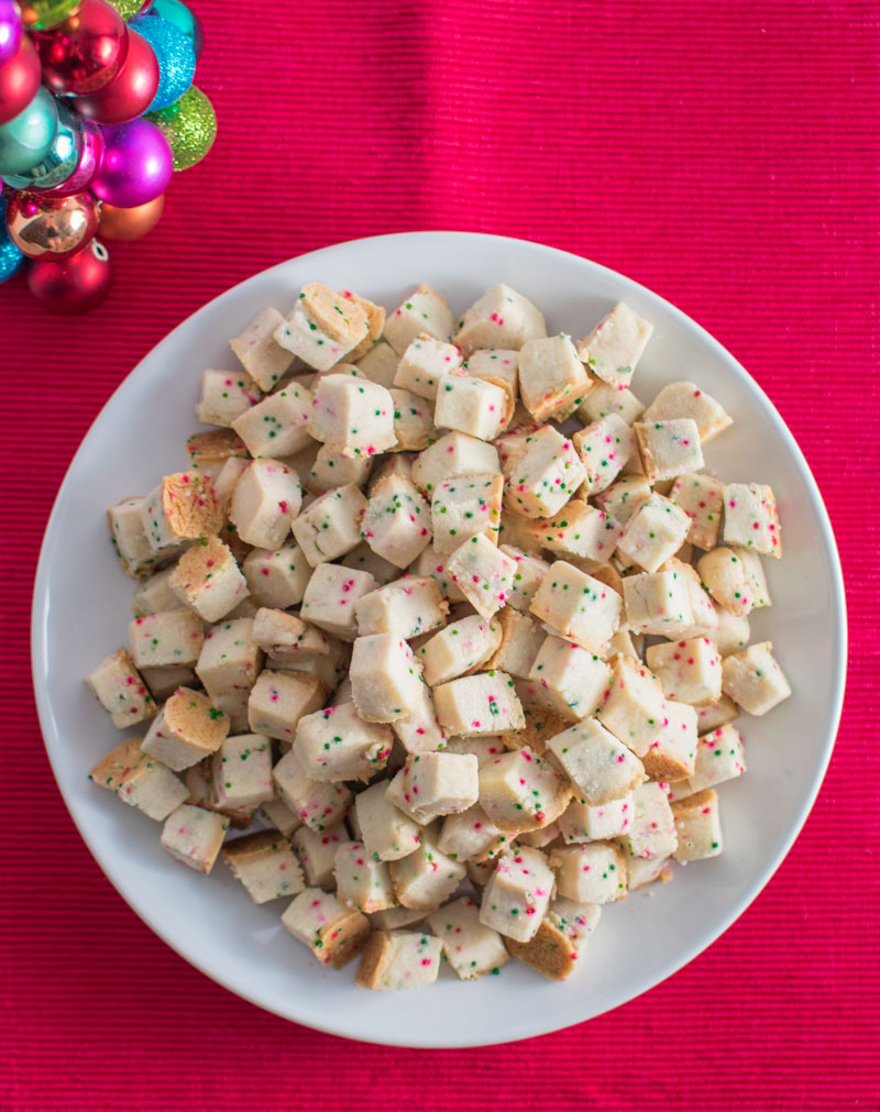 Overhead view of a plate of Christmas Shortbread bites