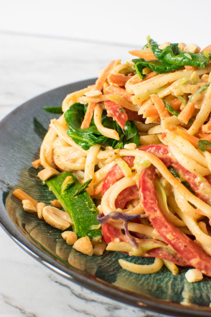 Close up view of Spicy Almond Butter Vegetarian Noodles