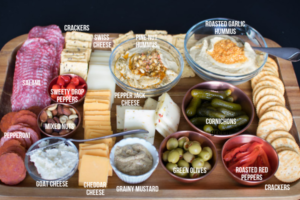 Picture of charcuterie board with all items arranged neatly in rows and in small bowls