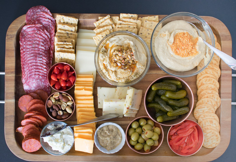 Overhead view of charcuterie board
