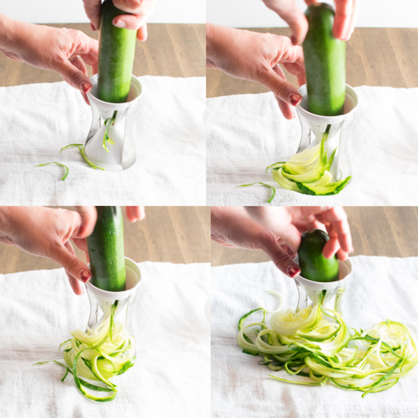 Four sequential pictures showing how to use the Veggetti spiral vegetable slicer