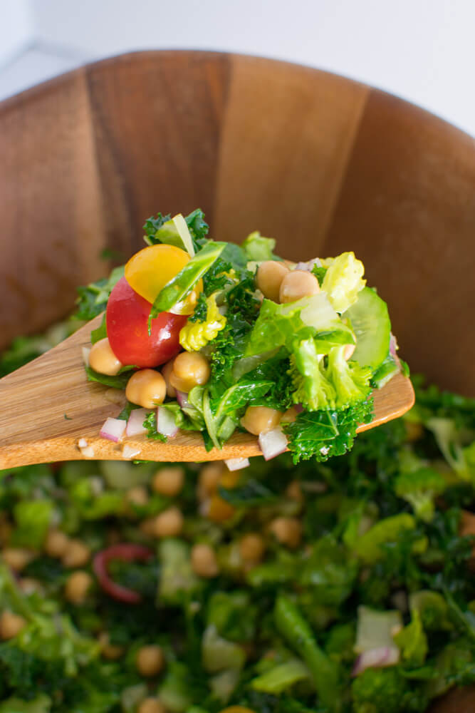 Closeup of Rainbow Mediterranean Salad ingredients on wooden spoon