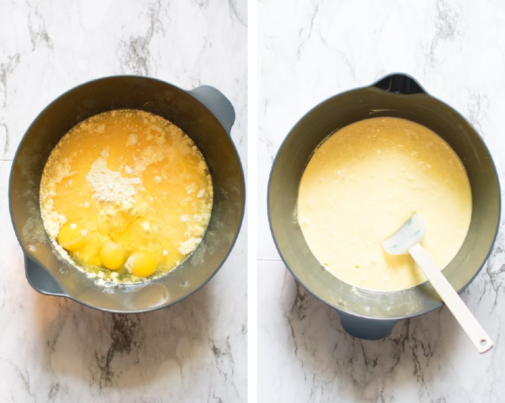 Cake batter for the Orange Crunch Cupcakes before and after mixing pictures