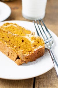 Closeup view of pumpkin cheesecake bread on a plate