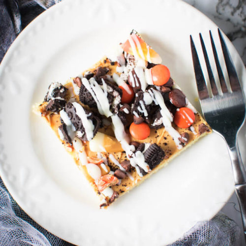 Overhead view of Halloween Sugar Cookie Pizza on plate