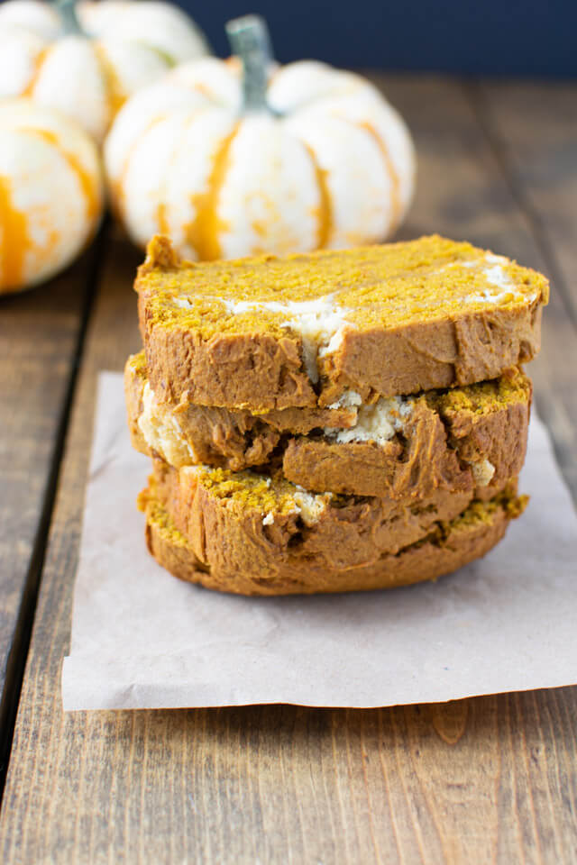 pumpkin cheesecake bread slices stacked