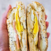 bagel breakfast sandwich cut in half