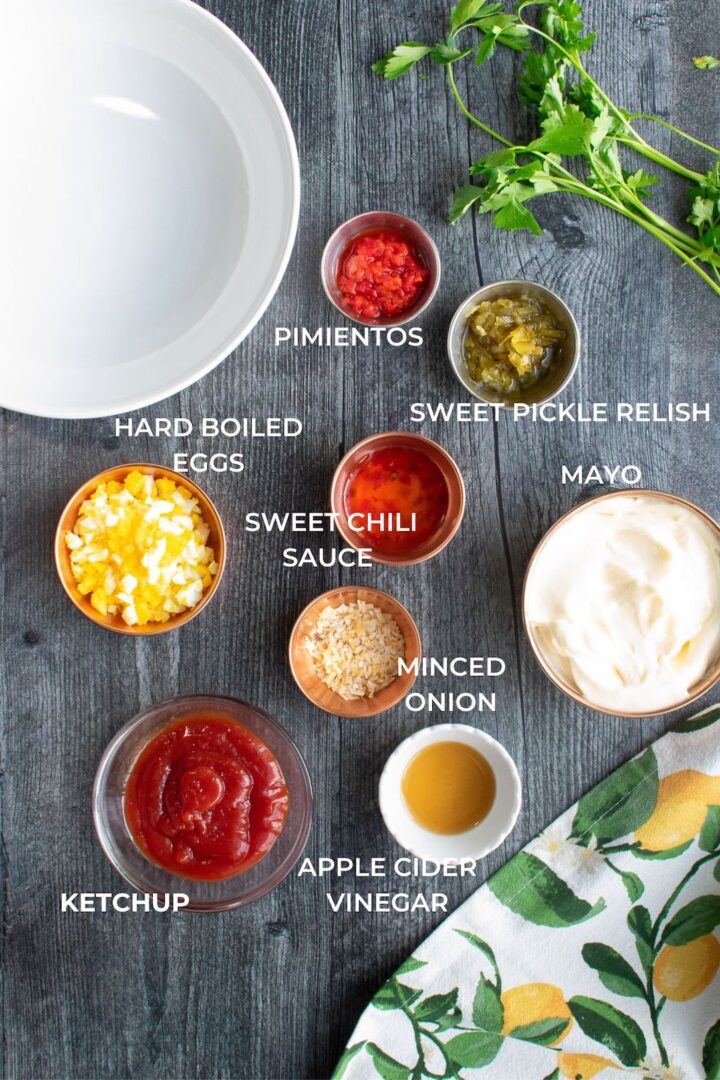all ingredients shown that are needed to make homemade healthy thousand island dressing