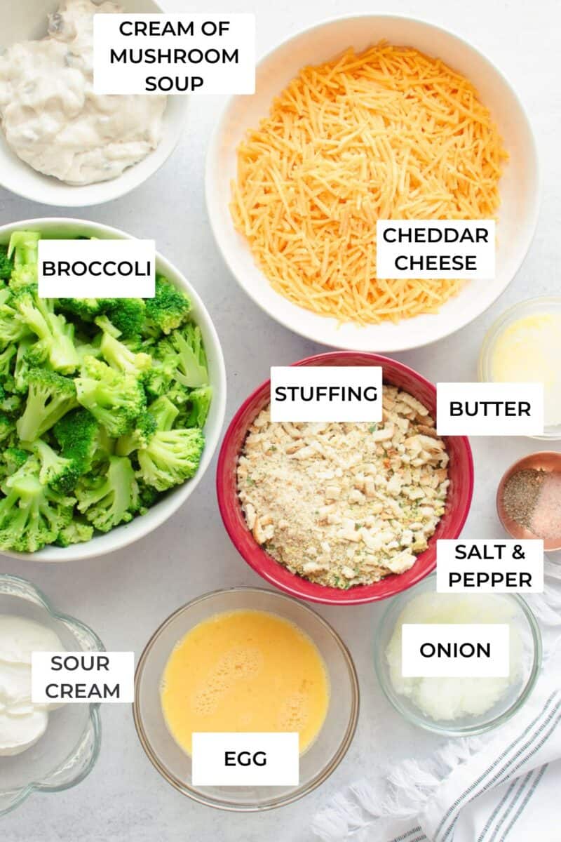 broccoli cheese casserole ingredients with labels