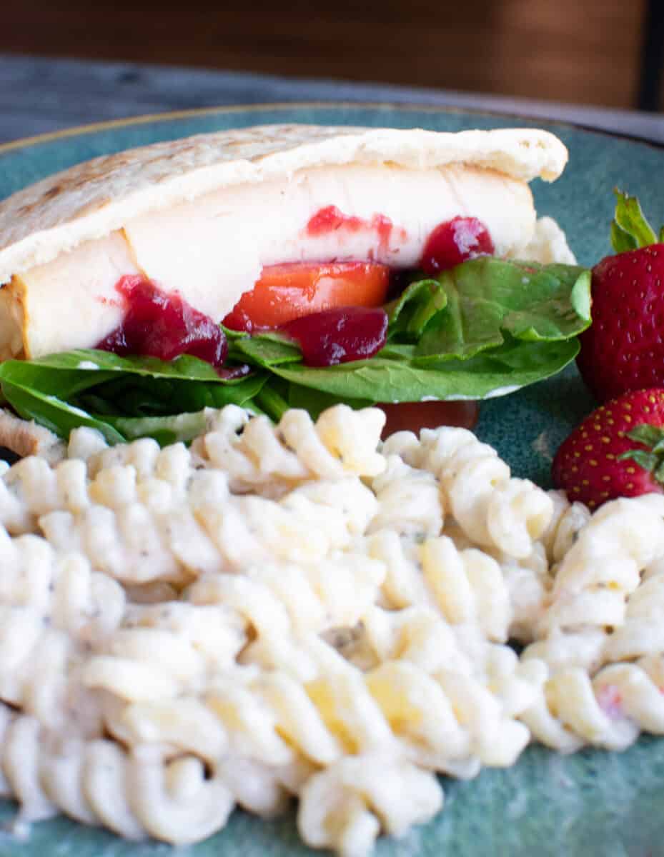turkey cranberry sandwich on a plate with a side of pasta salad and strawberries