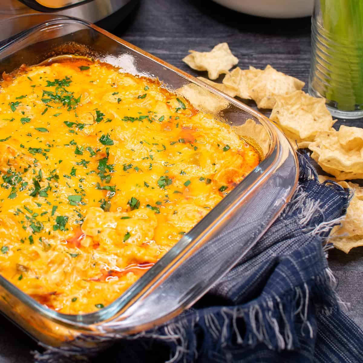 closeup of instant pot buffalo chicken dip in dish