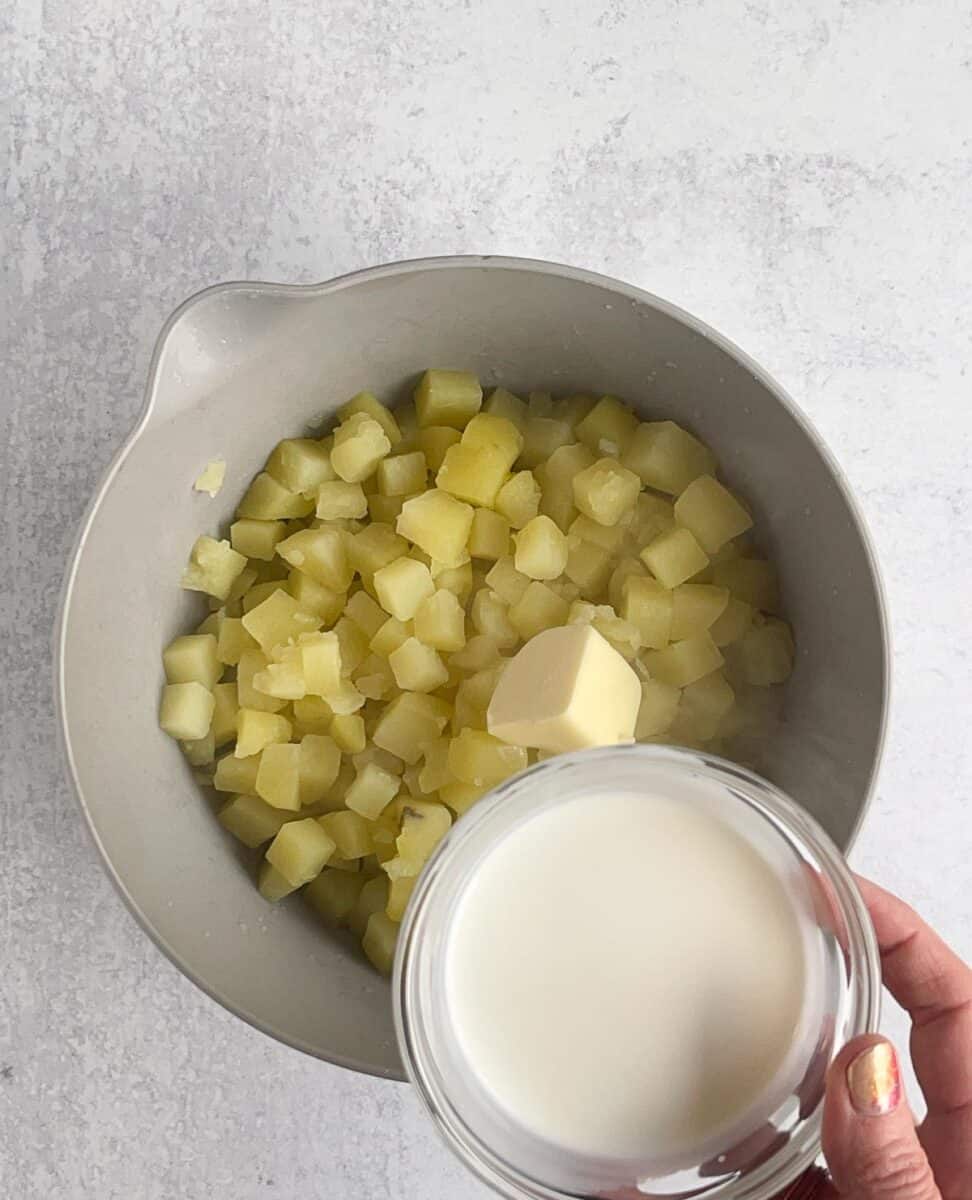 step 8 to cooked and drained potatoes add butter and half and half