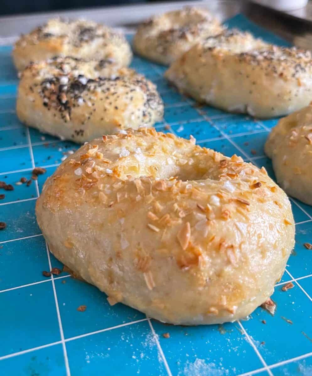 zoomed in view of a baked cottage cheese bagel with onion topping