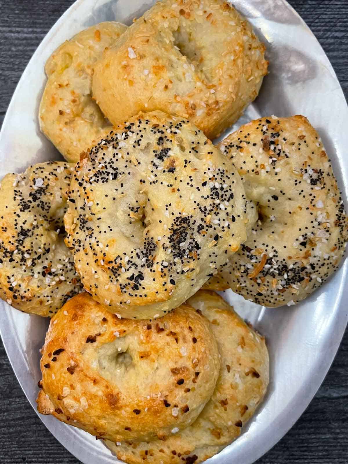 overhead view of baked cottage cheese bagels on a plate