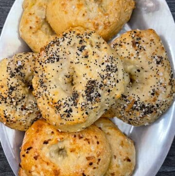 Hero pic-overhead view of baked cottage cheese bagels on a plate