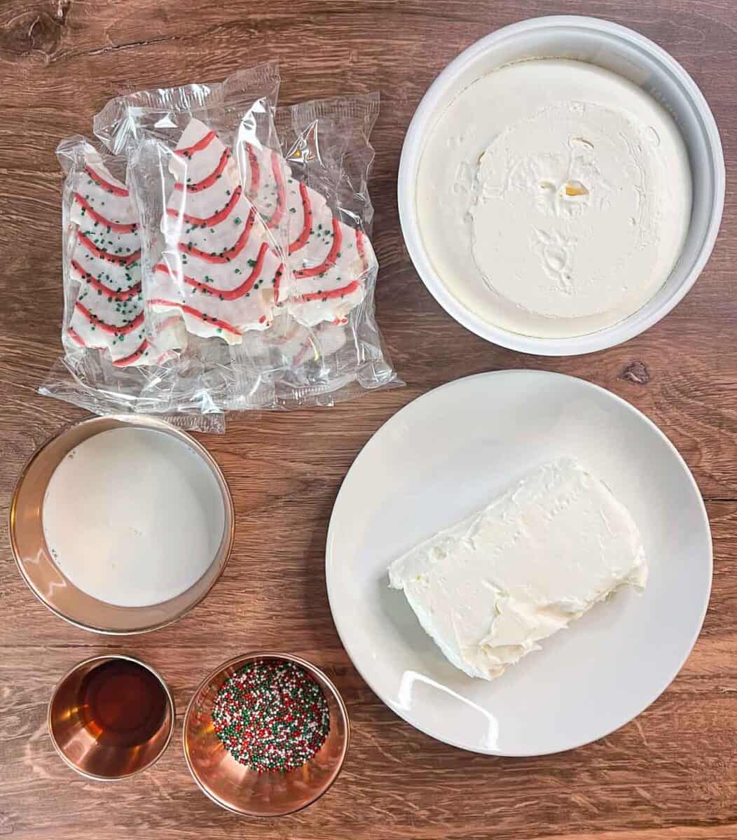 overhead view of ingredients needed to make Christmas tree cake dip