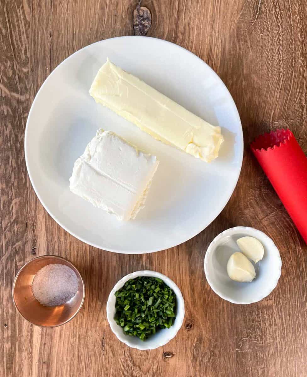 ingredients needed to make garlic herb cream cheese butter spread
