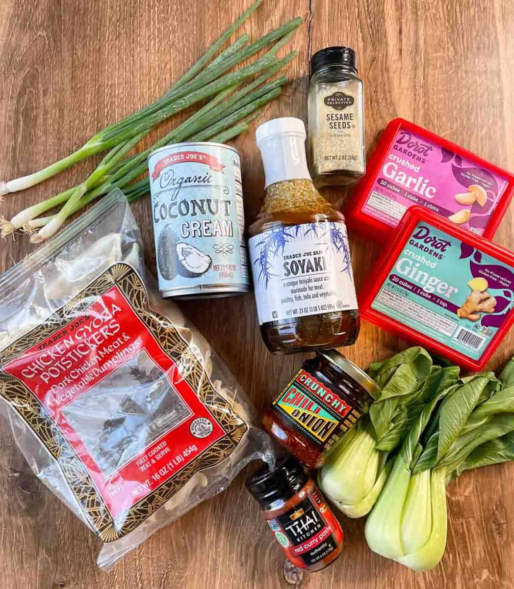 overhead view of ingredients needed to make the viral dumpling bake recipe