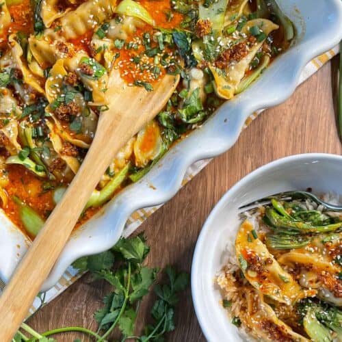 overhead view of viral dumpling bake recipe in baking dish and a serving in a bowl