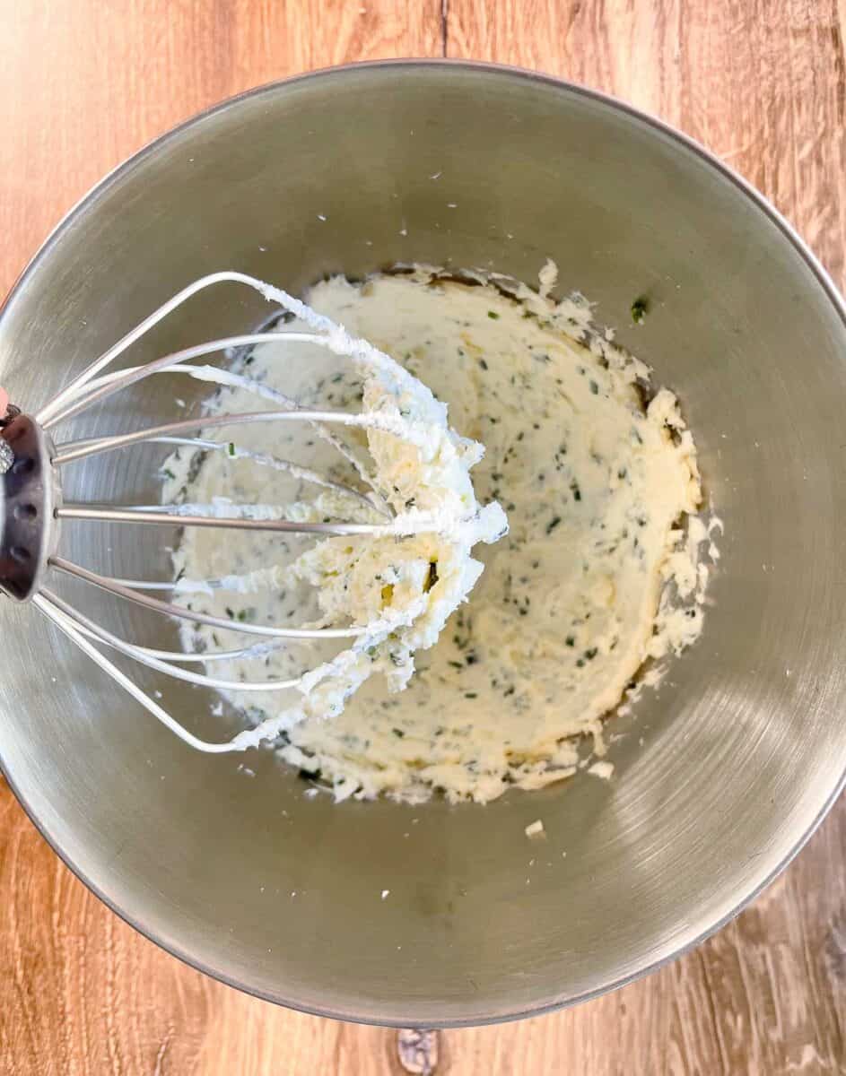 whipped cream cheese butter garlic and herbs in stand mixer