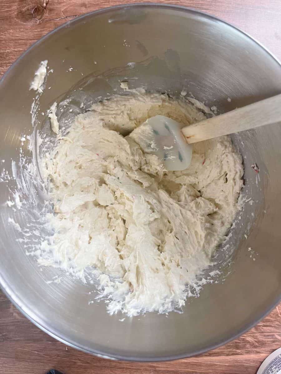 cake dip is blended in mixing bowl