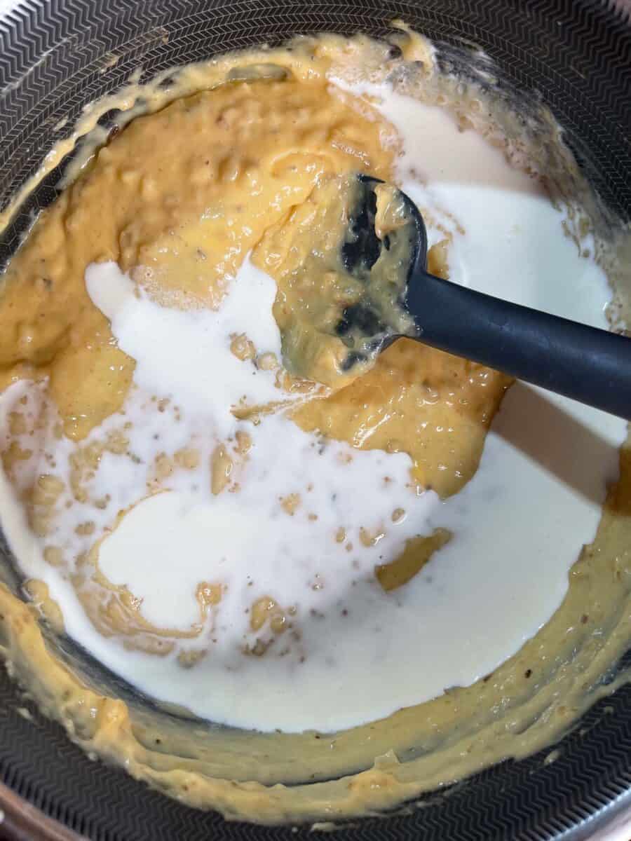 Add heavy cream to flour butter and onions